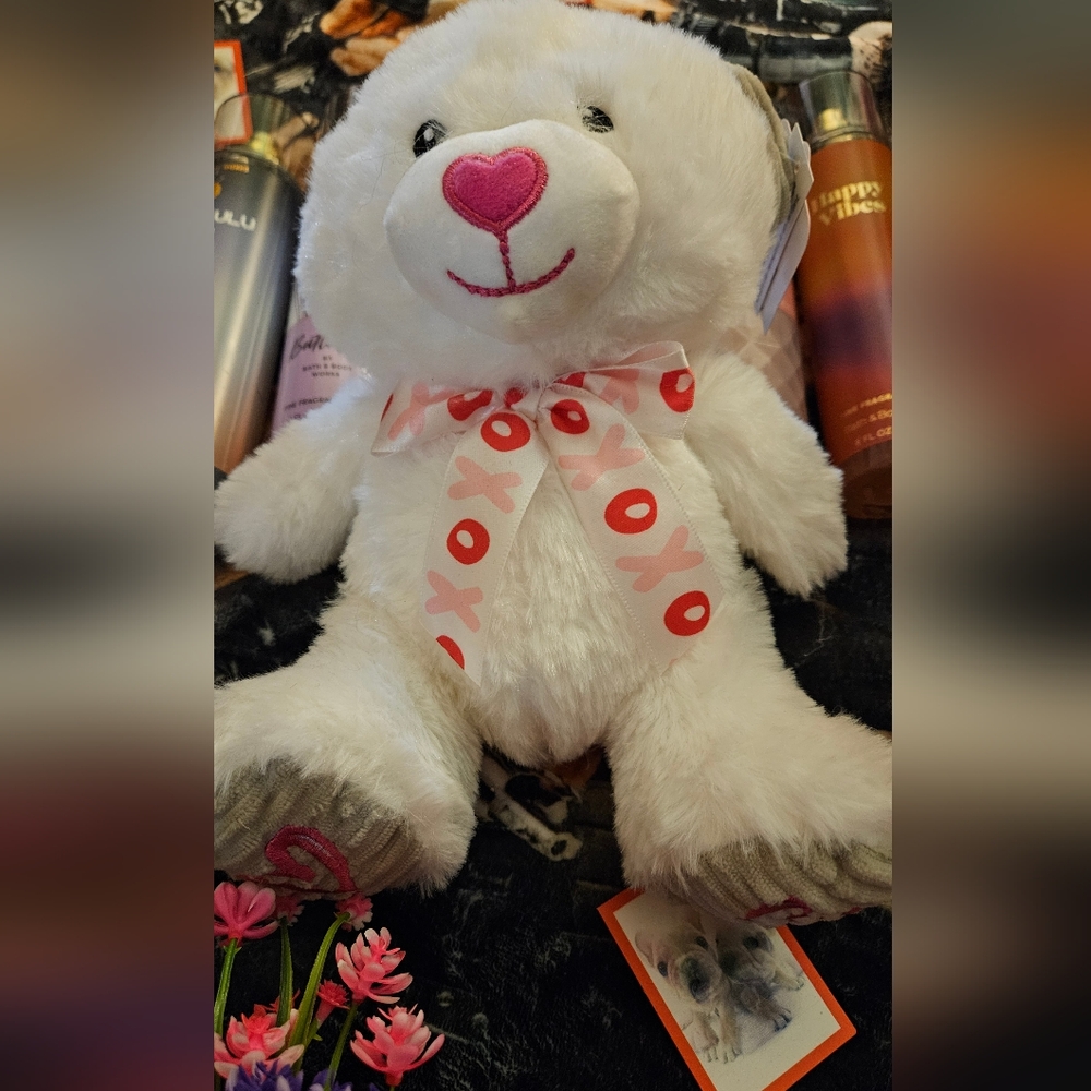 White Plush Bear with Pink Heart Nose and Pink Ribbon - Women Jewelry Accent